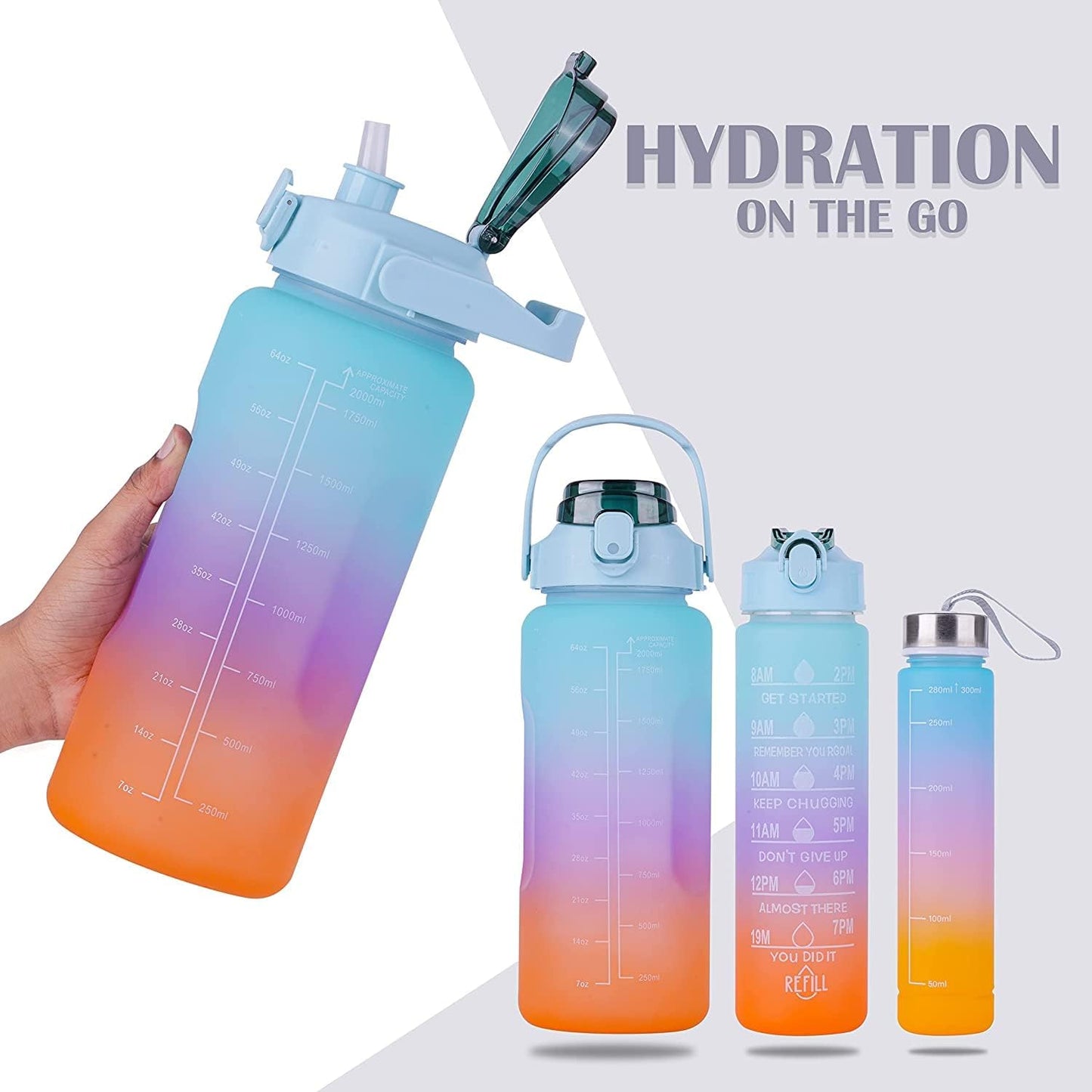 3 Pcs set motivational water bottle combo with positive quotes(Multicolor)